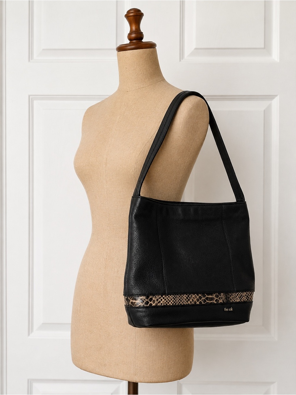 The Sak Black Leather Shoulder Bag Snake Print Trim Y2K Purse Mob Wife